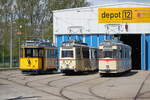 Wagen 26, Lowa Wagen 46 und Gelenktriebwagen des Typs G4 haben am Mittag in Rostock-Marienehe die Sonne genoen.04.05.2019