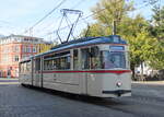 Gelenktriebwagen des Typs G4 am Mittag des 17.09.2023 am Doberaner Platz in Rostock