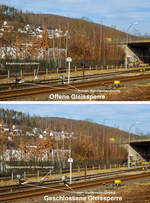 Die Gleissperre von (zum) der Anschlussstelle Rangierbahnhof der KSW (Kreisbahn Siegen-Wittgenstein) in Herdorf der Betriebsstätte FGE -Freien Grunder Eisenbahn (KSW NE447 / DB-Nr. 9275) zur DB Strecke Hellertalbahn (KBS 462), hier in beiden möglichen Stellungen, oben „offen“ und unten „geschlossen“

Herdorf 21 Februar 2025
