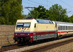   Die 101 112-1 “RHEINGOLD”  (91 80 6101 112-1 D-DB) der DB Fernverkehr AG, mit Werbung für Händlergemeinschaft „Die wilde 13 Plus“, fährt am 05.06.2019 mit