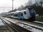 Der beschädigte ODEG 4746 801,am 18.Februar 2021,abgestellt,auf dem gesperrten Hauptgleis,in Gelbensande.