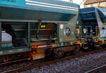 Detailbild des vierachsigen offenem Drehgestell-Schüttgutwagen mit Schwerkraft Entladung (Selbstentladewagen), 37 84 6985 001-0 NL-ORWU, der Gattung Faccns, der On Rail Gesellschaft für