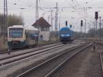 Bevor 253 015-8 nach Putbus zum Tanken fahren konnte,durfte der VT650 032-4,am 08.April 2015,zuerst nach Putbus fahren.So kam es am Ausfahrsignal in Bergen/Rügen zum Treffen beider PRESS