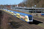 Metronom (146 535-0) verlässt am 05.03.2023 den Tostedter Bahnhof.