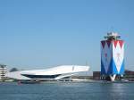 Eye filmuseum en Toren Overhoeks ook bekend als Shelltoren aan het IJ versierd met W en M i.v.m. de inhuldiging van de nieuwe koning. Amsterdam 01-05-2013.