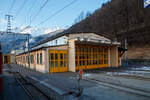 Der Lokschuppen, Depot und Werkstätte der Rhätischen Bahn / Ferrovia retica (RhB) in Poschiavo am 20 Februar 2017.