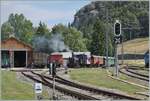 Ein Blick über das Dépôt-Gelände der CTVJ (Compagnie du Train à Vapeur de la Vallée de Joux) mit dem für den Nachmittgag vorgesehen Dampfzug.