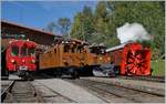 50 Jahre Blonay Chamby - MEGA BERNINA FESTIVAL: Unter dem Titel  Aligenment  fand in Chaulin eine Aufstellung der Bernina Fahrzeuge statt. Von links nach rechts, Bild 2: Der Rhb Bernina ABe 4/4 N° 35, die Bernina Bahn BB Ge 4/4 81 (ex BB Ge 6/6 81 bzw. ab 1929 Ge 4/4 81, später RhB Ge 4/4 181) mit dem Revisionsdatum 7.9.18, das Bernina Krokodil Ge 4/4 182 und die Dampfschneeschlauder Xrot D 9214 (bzw. 1052).
8. September 2018