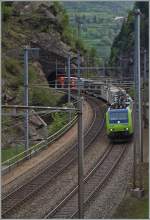 Die BLS Re 485 008 verl�sst mit ihrem G�terzug den Dazio Tunnel und erreicht Rodi-Fieso.
