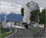 Die Blonay-Chamby G 2x 2/2 105 fährt nach der Ankunft des Gegenzuges in St-Légier Gare mit ihrem Extrazug nach Chaulin wieder ab.