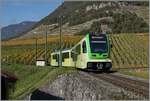 Der TPC ASD ABe 4/8 472 ist oberhalb von Aigle inmitten herbstlicher Rebstöcke als R71 auf der Fahrt nach Les Diablerets.