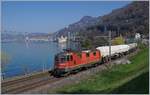 Die SBB Cargo Re 420 277-5 ist mit ihrem Gterzug bei Villeneuve vor der Kulisse des Chteau de Chillon Richtung Wallis unterwegs.