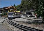 Die Rochers de Naye Triebwagen Bhe 4/8 301 und 305 auf Talfahrt bei der Ankunft in Glion.