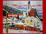  Bei Disentis , in Werk von 1957 vom Schweizer Maler, Zeichner, Lithograf und Kinderbuchautor Alois Carigiet, hier am 20 Februar 2017 im Bahnhof Alp Gr�m, an dem ALLEGRA-Zweispannungstriebzug ABe 8/12