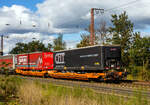 Sechsachsiger Gelenk-Taschenwagen (Doppeltaschenwagen Typ T3000e in Gelenkbauart) der Gattung Sdggmrss, 37 80 4992 358-5 D-WASCO, der WASCOSA AG (Luzern), vermietet an die TX Logistik AG (Troisdorf),