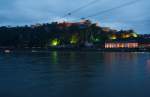 Abendlicher Blick vom Deutschen Eck auf die Festung Koblenz-Ehrenbreitstein am 13.08.2011.