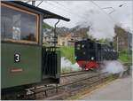 SEG Ambiente zur Saisoneröffnung bei der Blonay-Chamby Bahn in Blonay mit der SEG G 2x 2/2 105 und dem MEG Grossraumwagen C4 N° 171 von 1891, erbaut bei Herbrand.